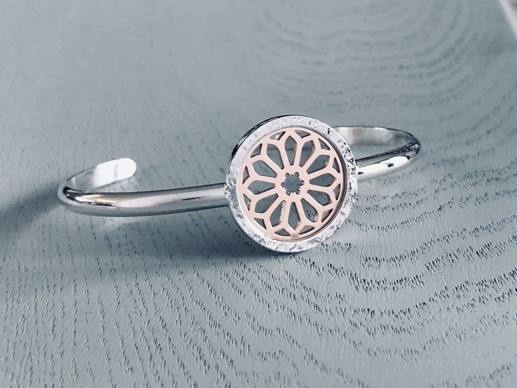 Rose Window Cuff Bangle in Silver and Rose Gold