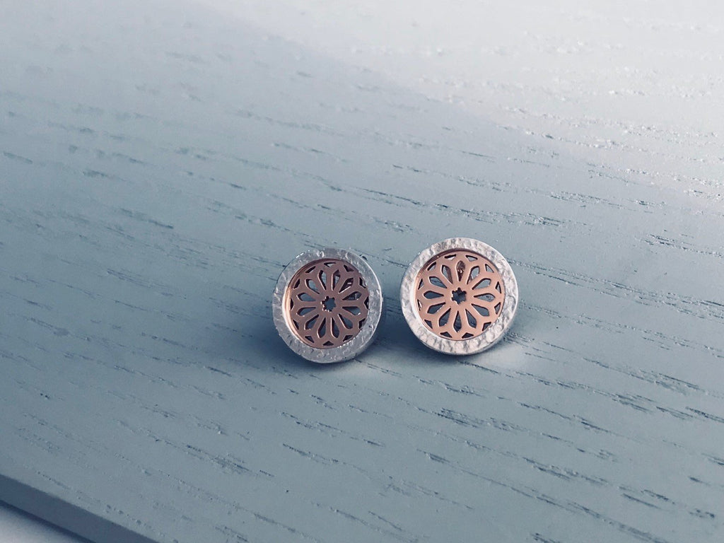 Rose Window Stud Earrings in Silver and Rose Gold