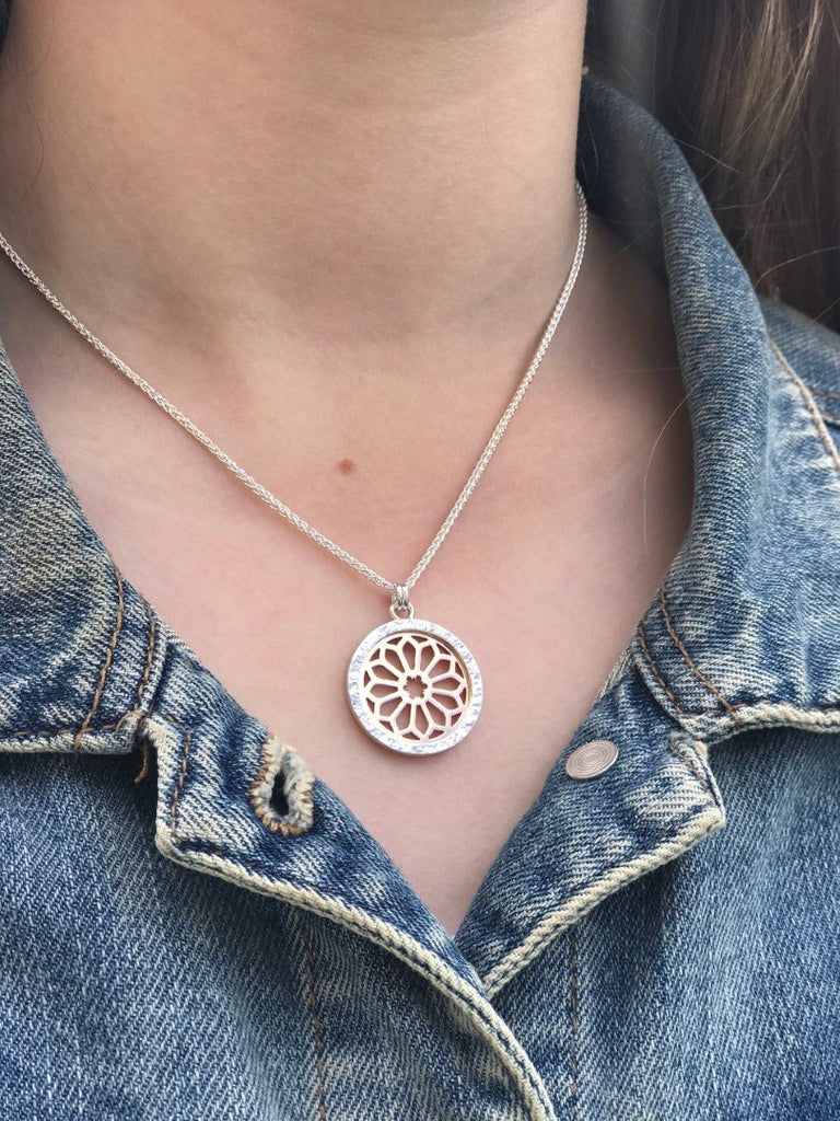 Rose Window Medium Pendant in Silver and Rose Gold on neck
