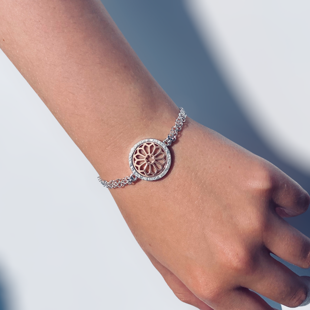 Rose Window Double Chain Bracelet in Silver and Rose Gold on wrist